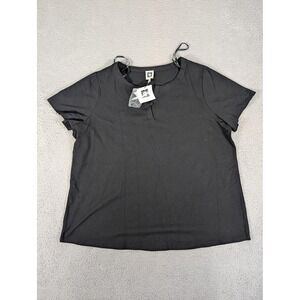 Anne Klein Shirt Womens 2X Plus Size Black Short Sleeve Split Neck Stretch NWT